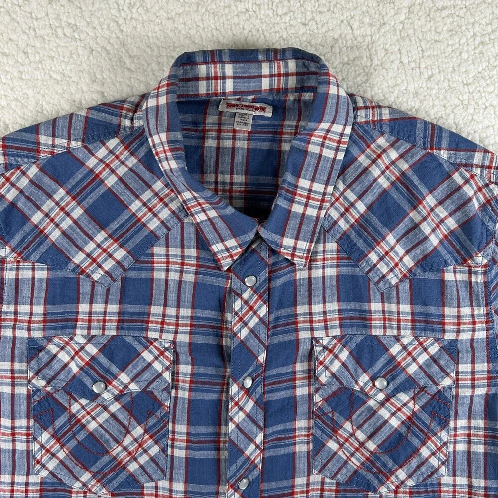 True Religion Shirt Mens 2XL Blue Plaid Short Sleeve Western Snap Casual